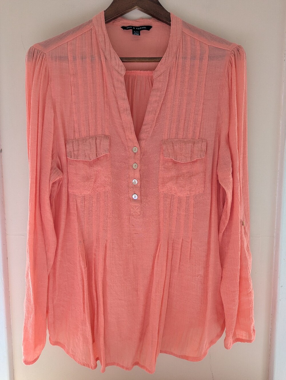 Coral Tunic Blouse Long Sleeved Top Pleats Pockets Button V-neck XLG